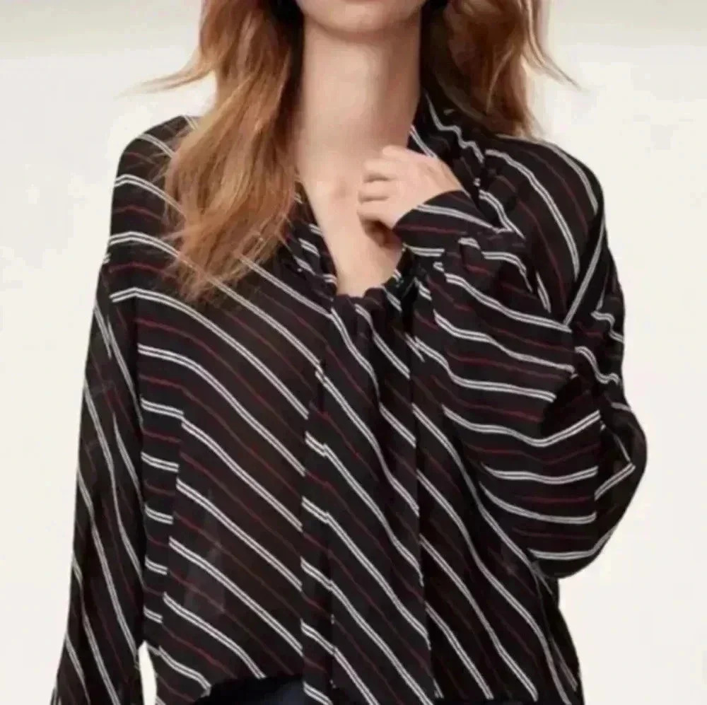 Aritzia Wilfred Perle Sheer Striped Tie Neck long Sleeve Blouse Size  L V…